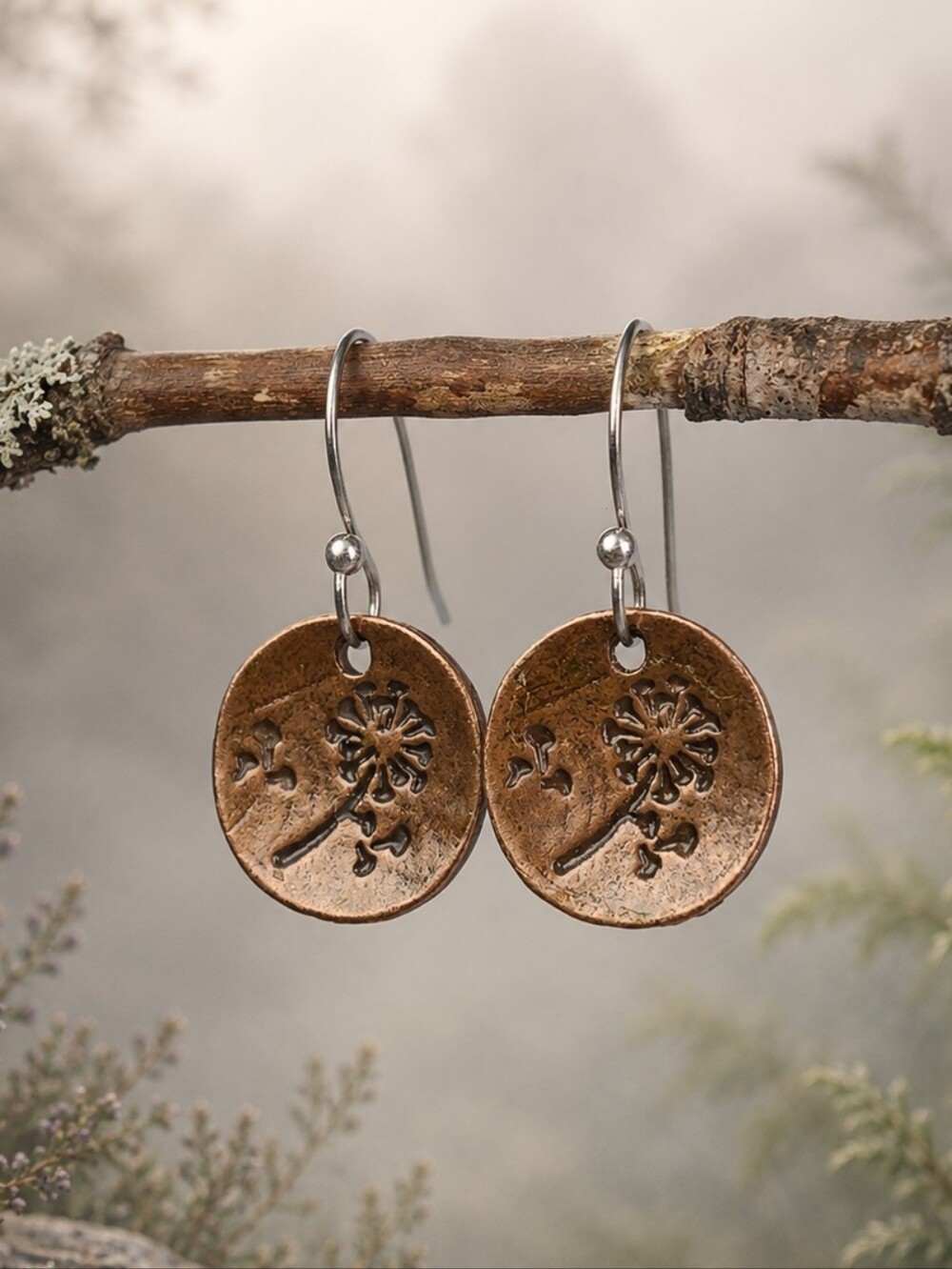 Dandelion Wish Earrings Botanical Rustic Copper Hand Crafted